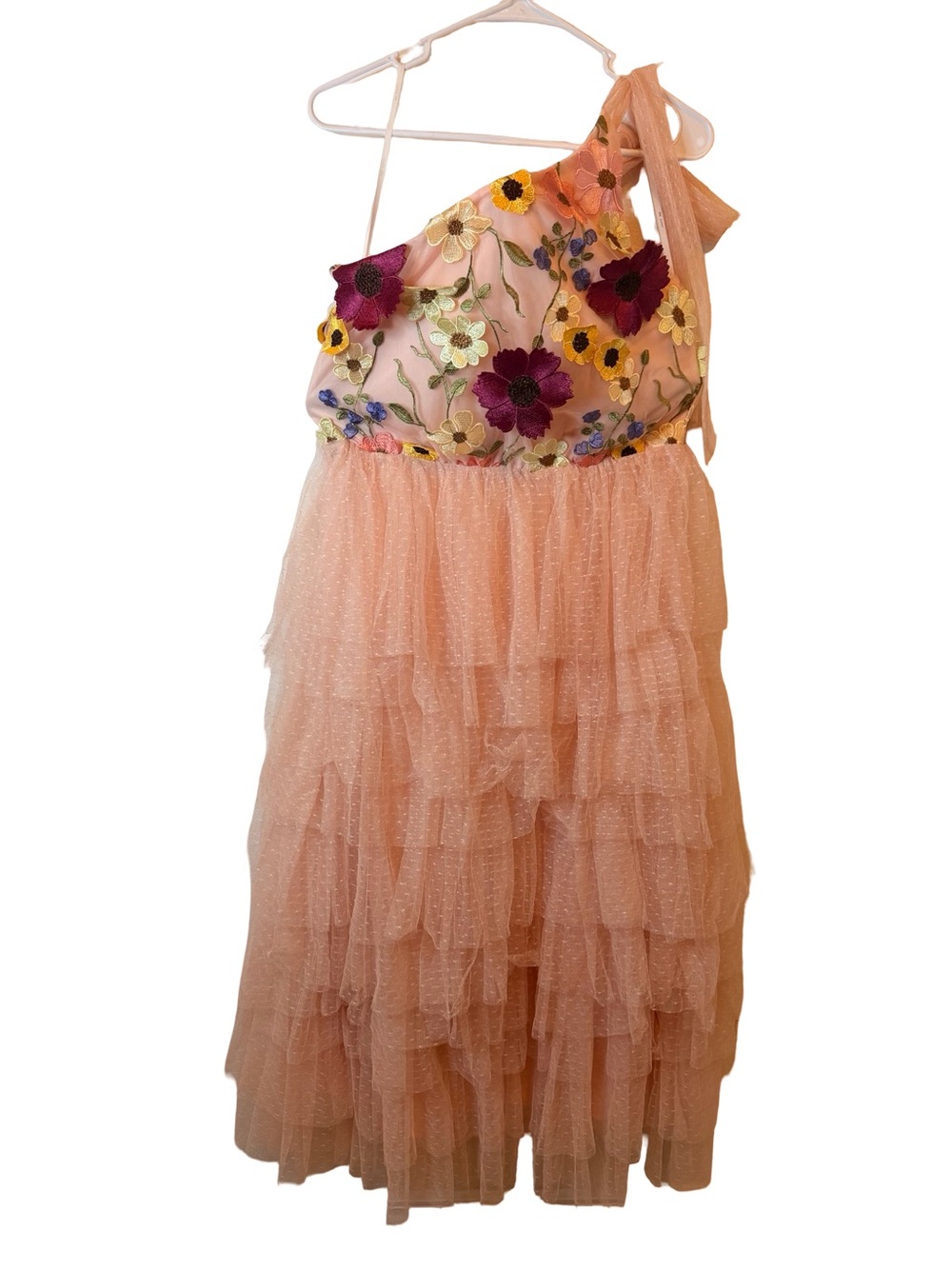 NWT Just Me Floral Embroidered One Shoulder Tiered Tulle Midi Blush Pink Dress M - Picture 3 of 7